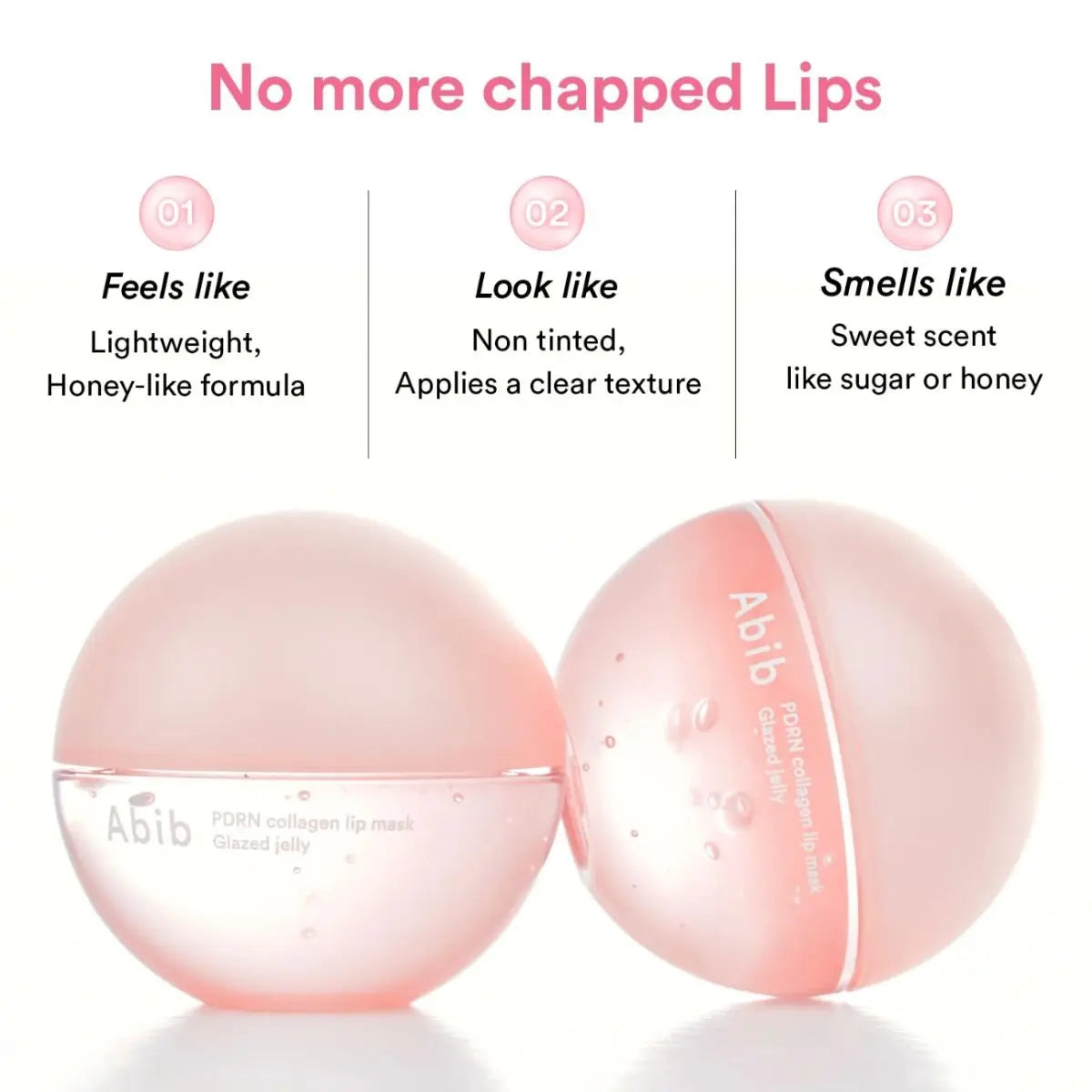 Infographie montrant les bénéfices du baume à lèvres rosé avec deux pots présentés et le slogan ‘No more chapped lips’.